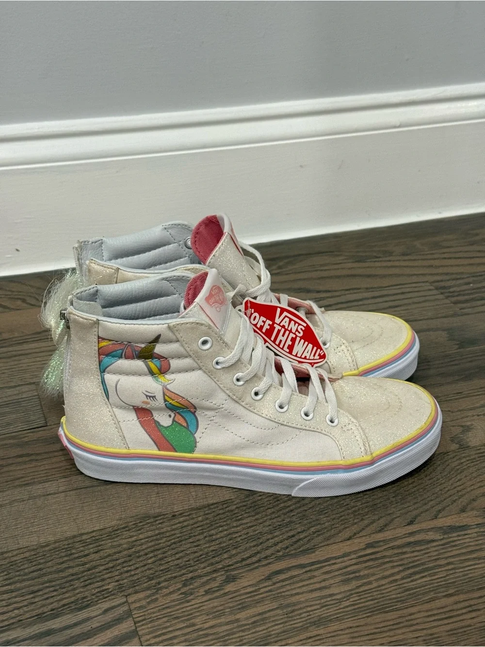 VANS Sk8-Hi Zip Rainbow Unicorn Glitter Sneaker Shoes White Pink Youth US Size 6